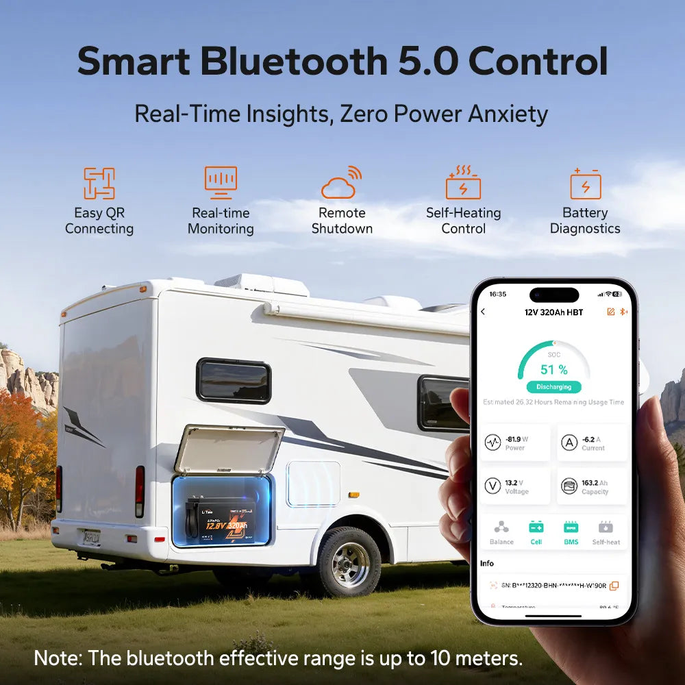 control 12v 320ah self heating battery via litime app