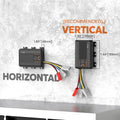 LiTime 12V 40A DC to DC battery charger in horizontal and vertical orientations, with recommended mounting directions
