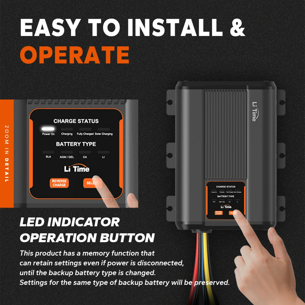 LiTime 12V 40A charger with LED indicator and operation button, retaining settings even when power is disconnected