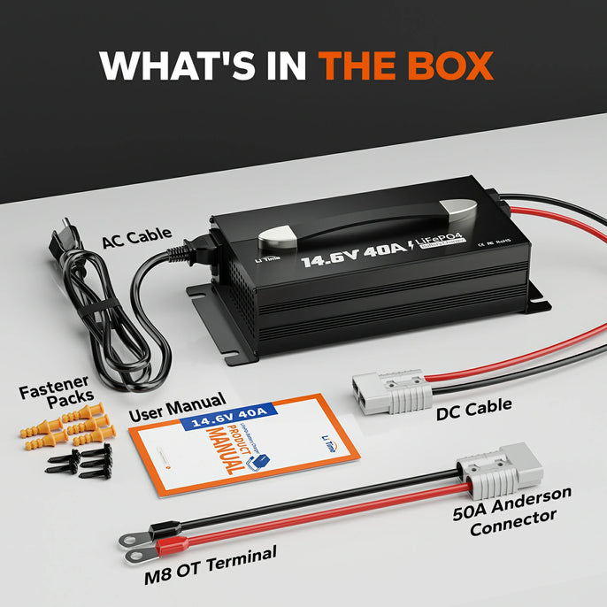 package information of litime 12v 40 amp wall-mounted lifepo4 lithium battery charger