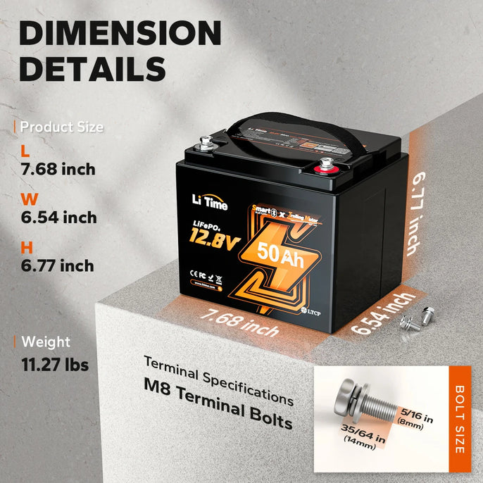 dimensions and weight of LiTime 12v 50ah lithium ion bluetooth battery