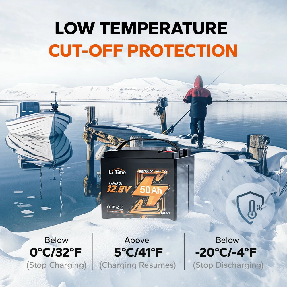 LiTime 12V 50Ah trolling motor lithium battery with Bluetooth for fishing boats and long runtime