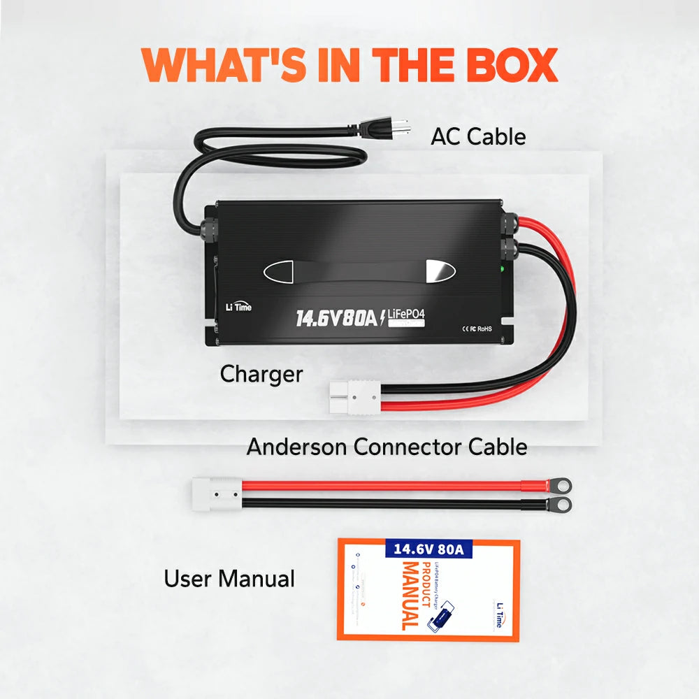 package information of litime 12v (14.6v) 80 amp lifepo4 battery charger