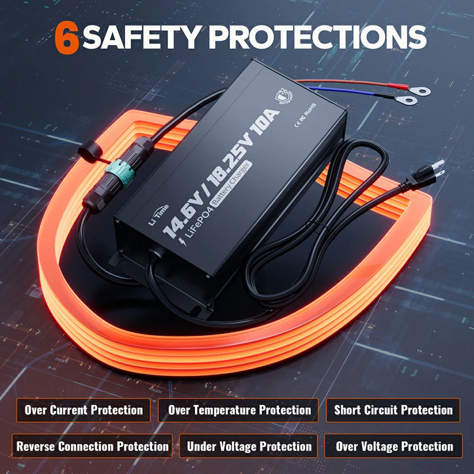 LiTime 12V/16V charger: 14.6V/18.25V, 10A, with 6 safety protections: overcurrent, temperature, voltage, and more