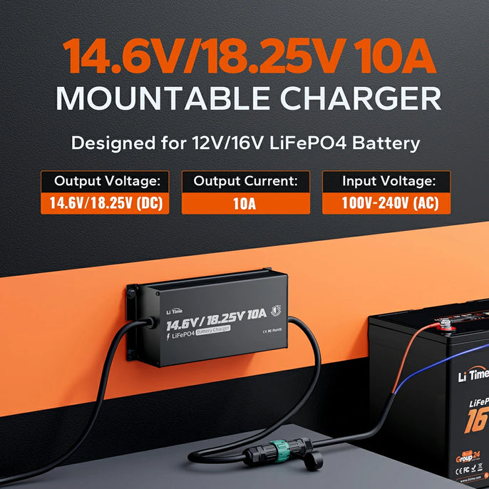 LiTime 12V/16V charger: 14.6V/18.25V, 10A output, designed for LiFePO4 batteries, 100-240V input