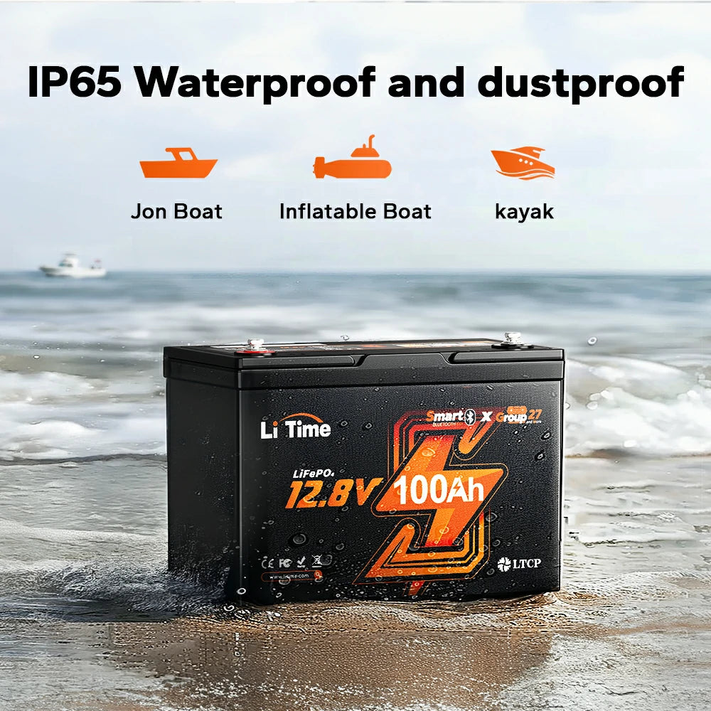 litime 12v 100ah group 27 battery with ip65 waterproof and dustproof protection for Jon boats/inflatables/kayaks