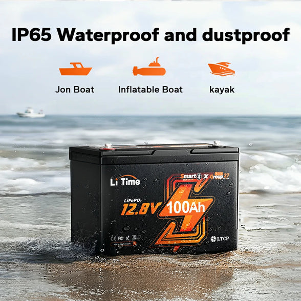 litime 12v 100ah group 27 battery with ip65 waterproof and dustproof protection for Jon boats/inflatables/kayaks