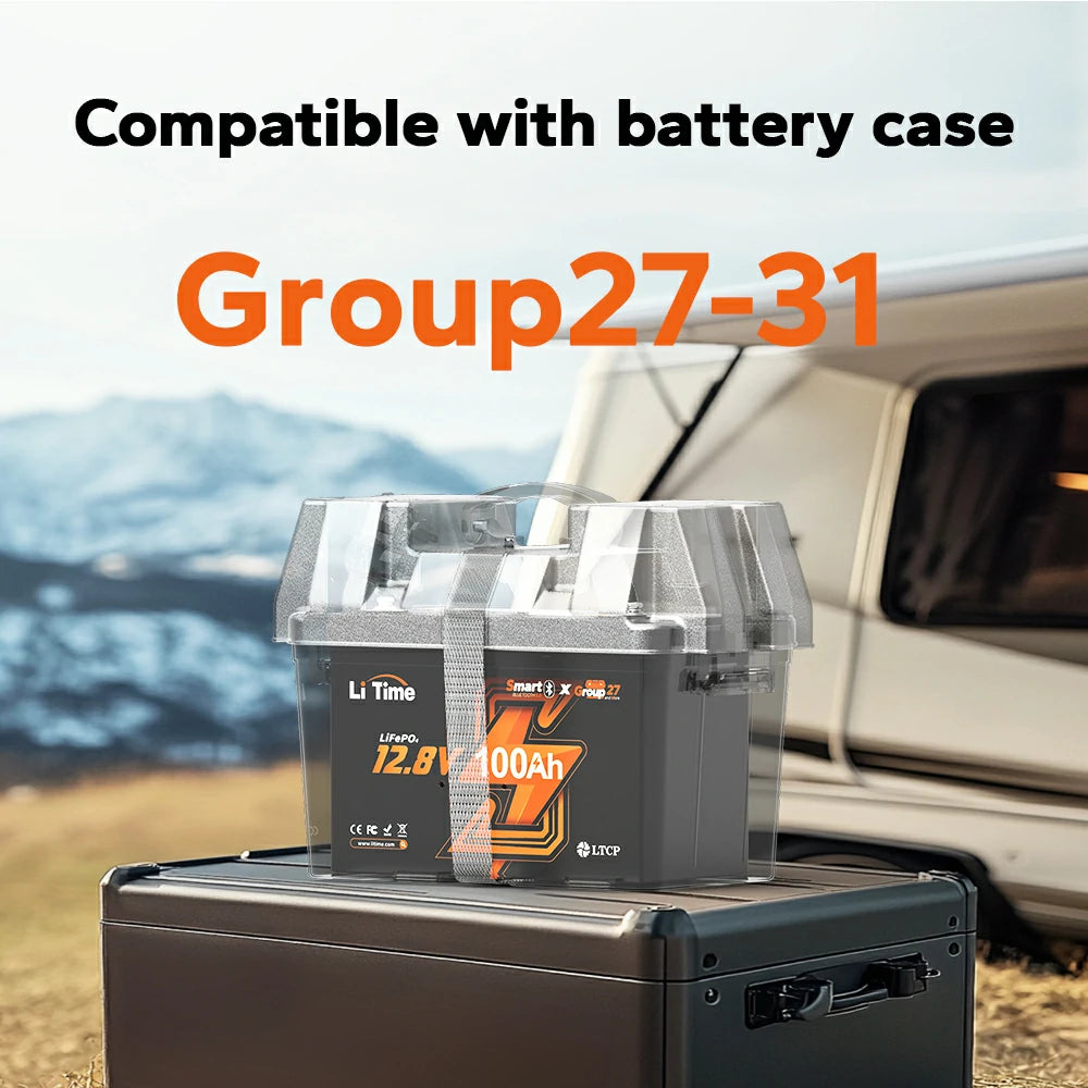 LiTime 12V 100Ah Group 27 lithium battery compatible with group 27-31 battery boxes