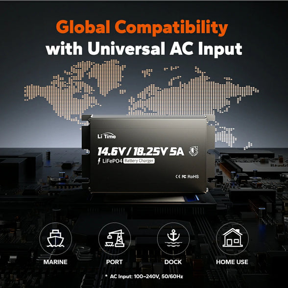 global compatibility with 100v-240v ac ouput of litime 12/16v lifepo4 battery charger