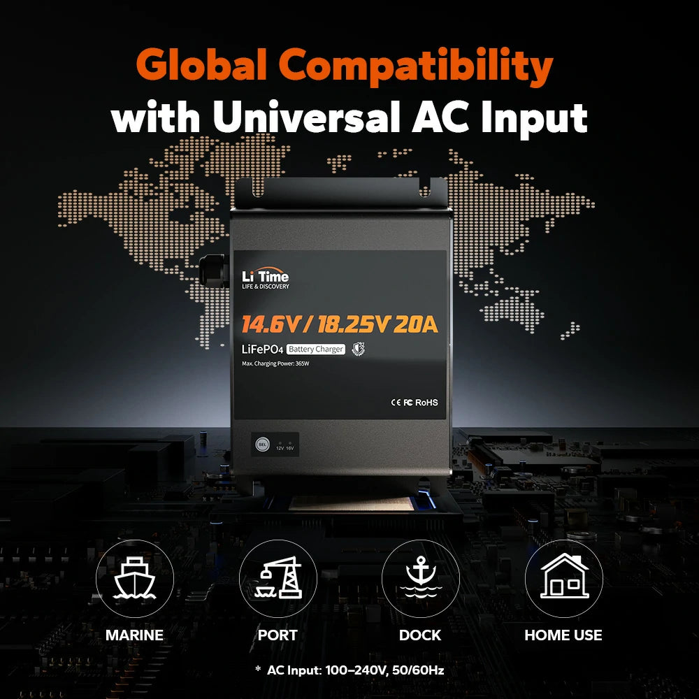 global compatibility with universal ac input of litime 12v/16v lithium battery charger