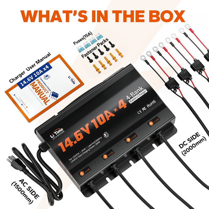 LiTime 12v LiFePO4 battery charger with 4 banks