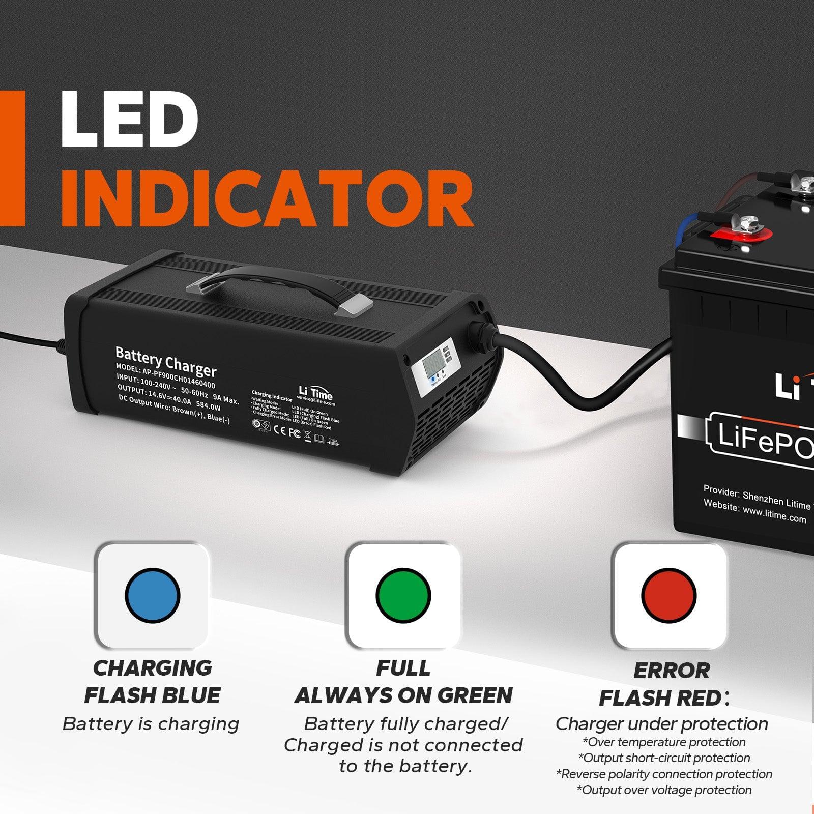 LiTime 12V 10A Battery Charger 14.6V AC-DC LiFePO4 Lithium Battery Charger  with Anderson Connector LED Indicator Charger Special for Deep Cycle