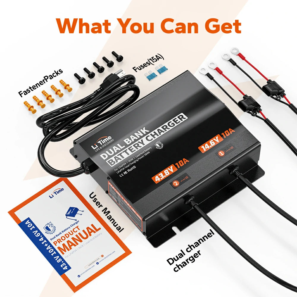 what you can get from LiTime 2-Bank 12V 36V Lithium Battery Charger 