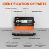 part identification of LiTime PWM solar charge controller, including terminals, USB port, and operation buttons