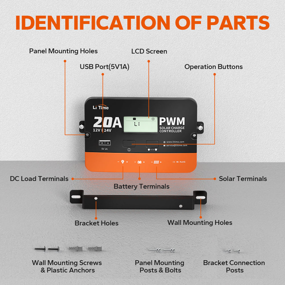 part identification of LiTime PWM solar charge controller, including terminals, USB port, and operation buttons