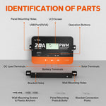 part identification of LiTime PWM solar charge controller, including terminals, USB port, and operation buttons