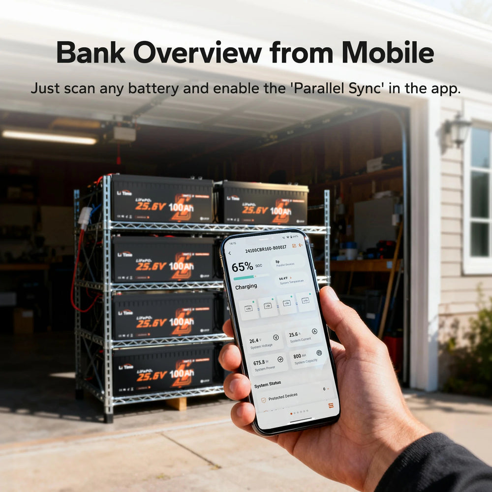 litime 24V 100Ah ComFlex battery bank overview from mobile