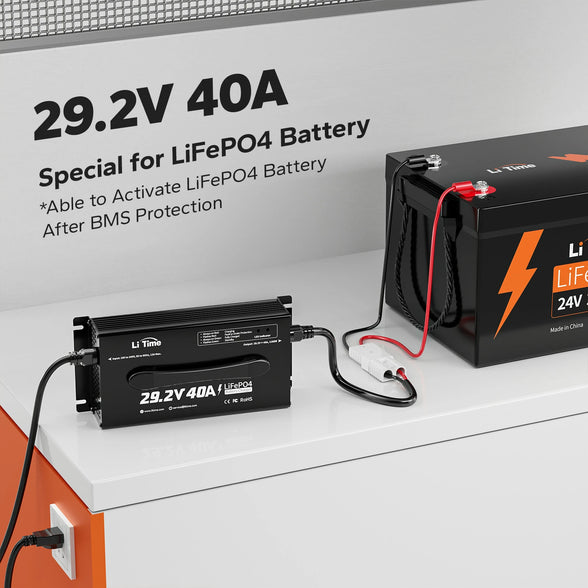 LiTime 24V 40A charger for LiFePO4 batteries, designed to activate after BMS protection