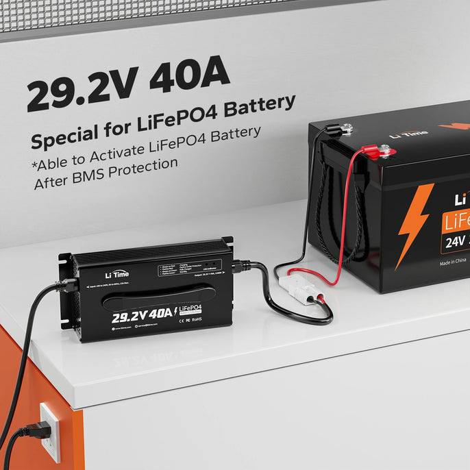 LiTime 24V 40A charger for LiFePO4 batteries, designed to activate after BMS protection