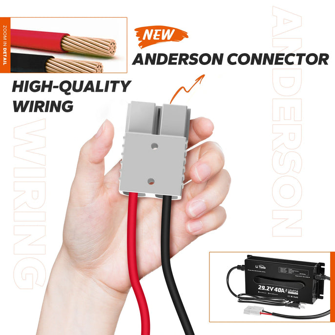 anderson connector and high quality wiring feature of litime 24v 40a lifepo4 battery charger