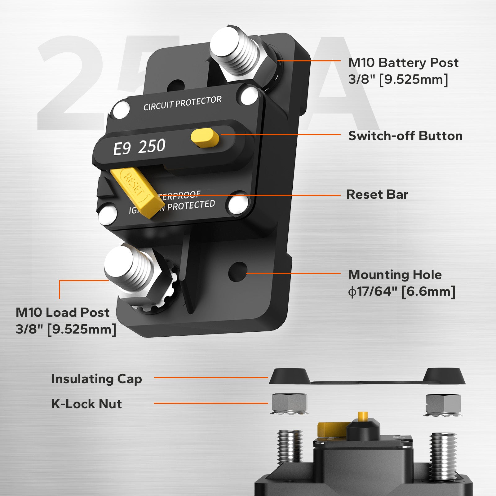 component labels of LiTime 250 amp 12v circuit breaker