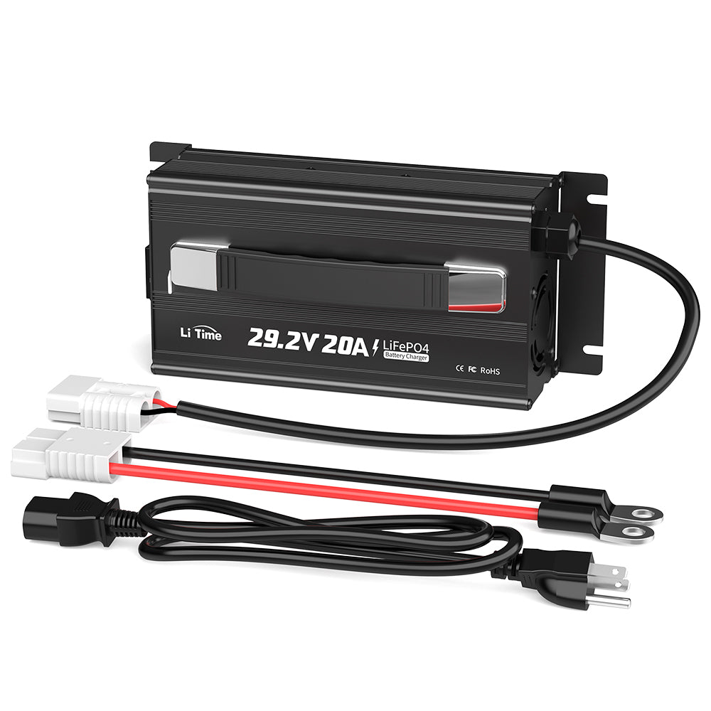 LiTime 24V 20A LiFePO4 battery charger with connecting cables and anderson plugs