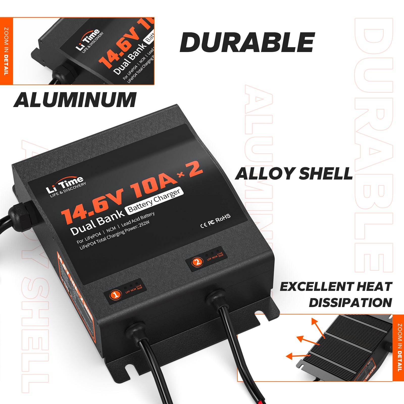 LiTime dual bank charger with a durable aluminum shell, 14.6V output, and 10A+2 charging capability