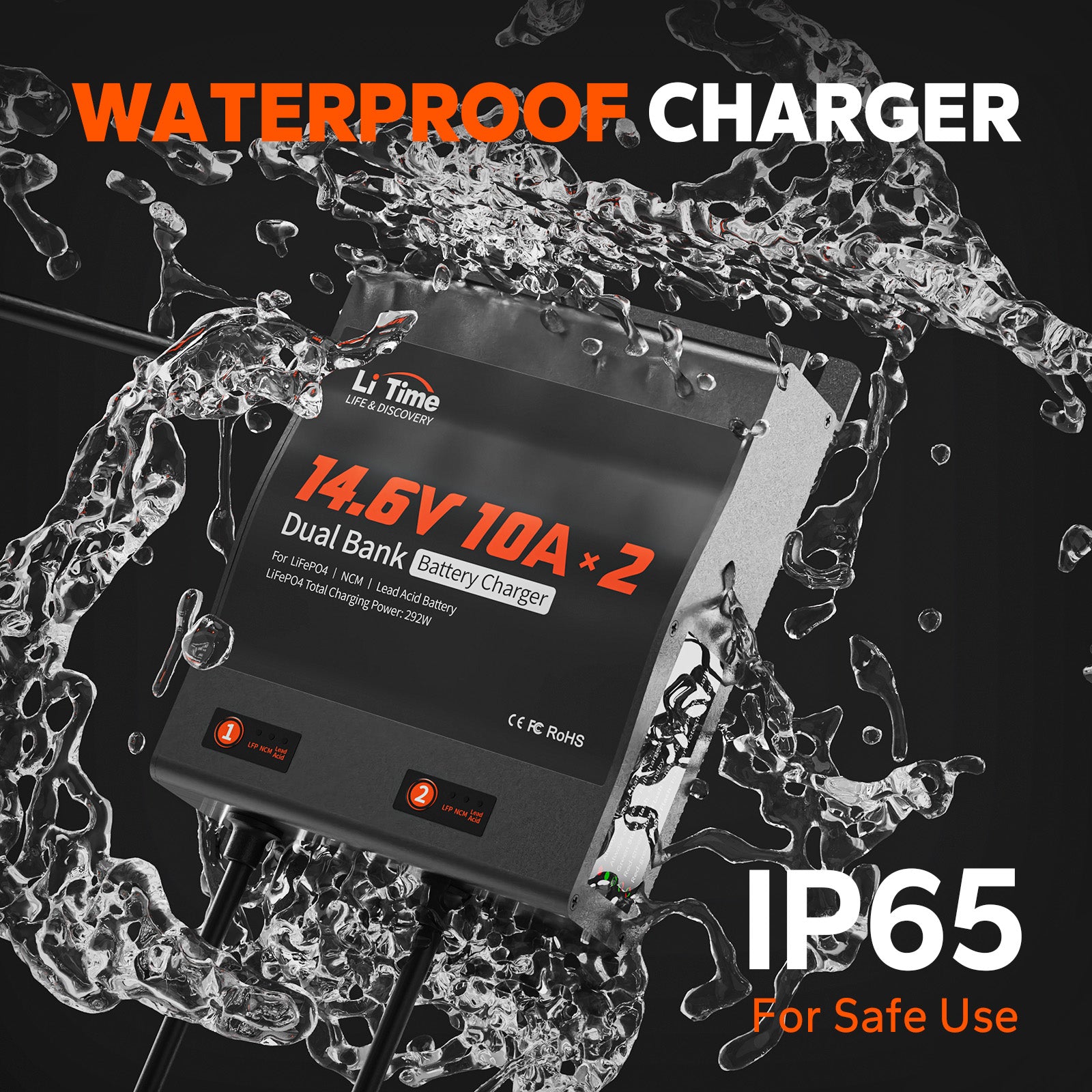 ip65 waterproof feature of LiTime 12v 10a dual-bank Battery Charger