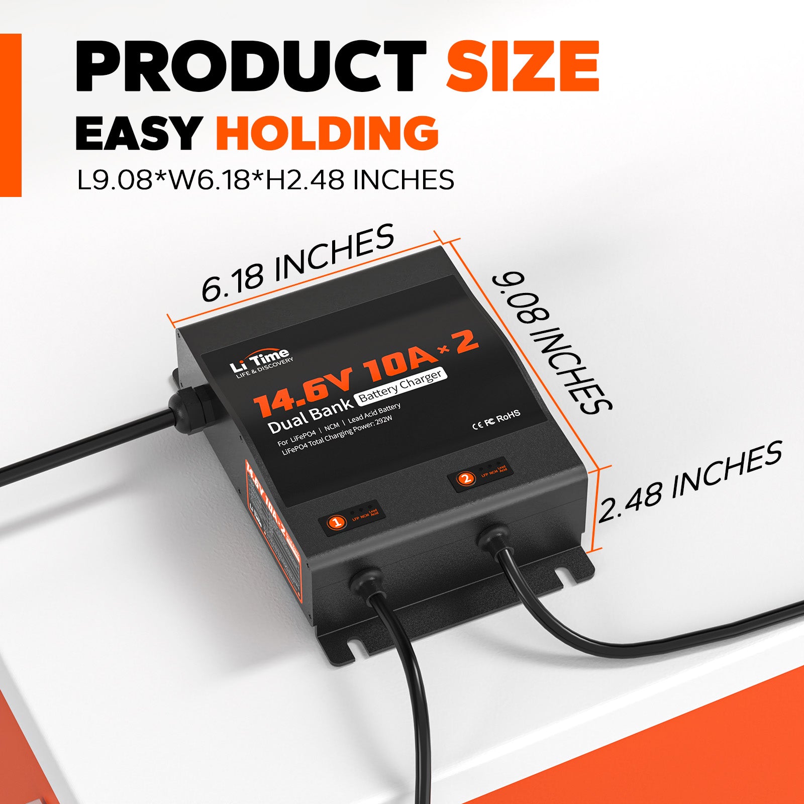 sizes and dimension information of LiTime 12v 10a dual Bank Charger