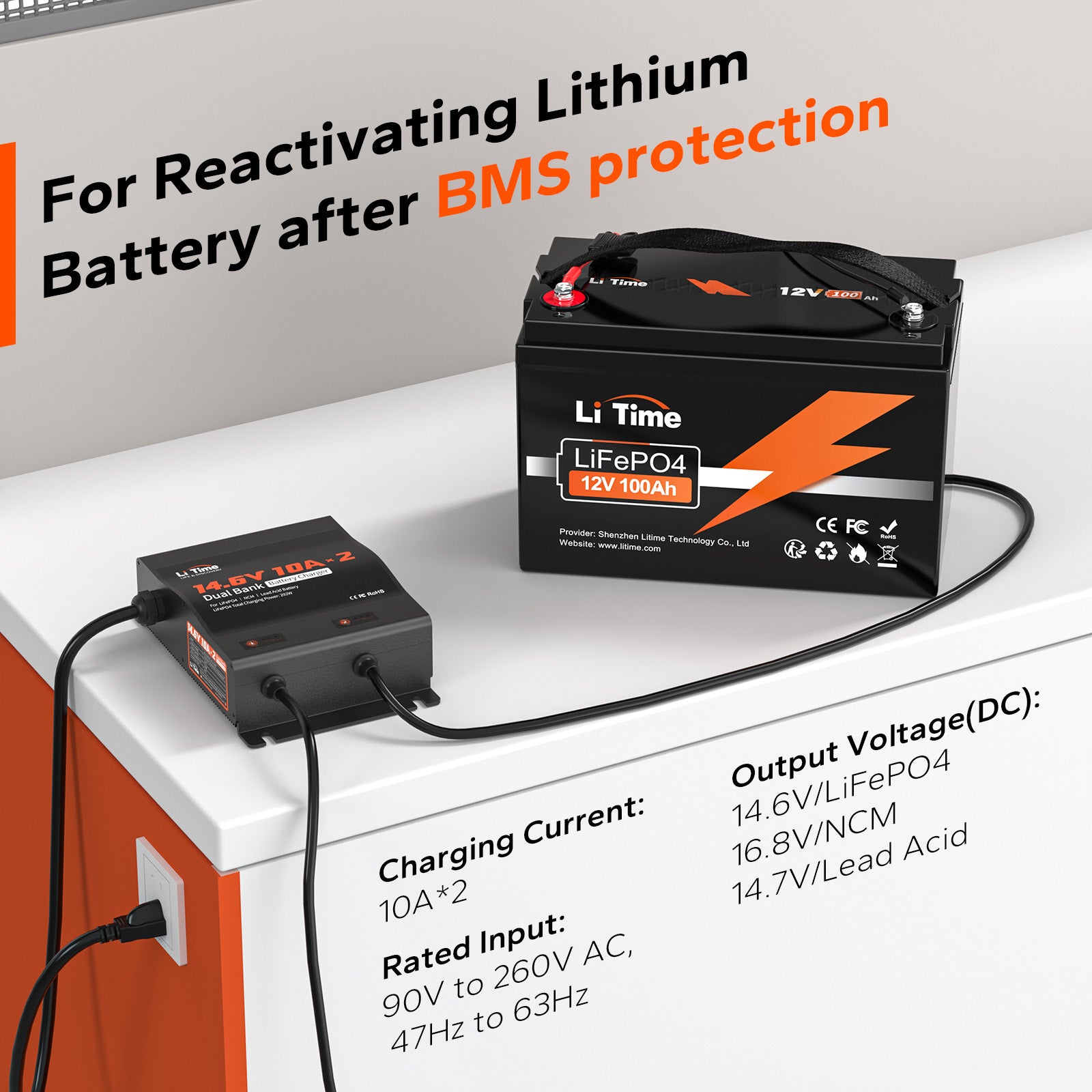 reactivate function and spefications information of LiTime 2 Bank Charger