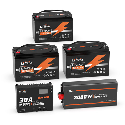 LiTime 3840Wh 12V Off-Grid Solar System Kits, 3PCS 12V 100Ah LiFePO4 Batteries + 12V 30A Solar Charger + 12V 2000W Pure Sine Wave Inverter