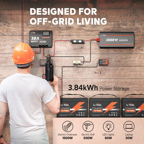 LiTime 3840Wh 12V Off-Grid Solar System Kits, 3PCS 12V 100Ah LiFePO4 Batteries + 12V 30A Solar Charger + 12V 2000W Pure Sine Wave Inverter