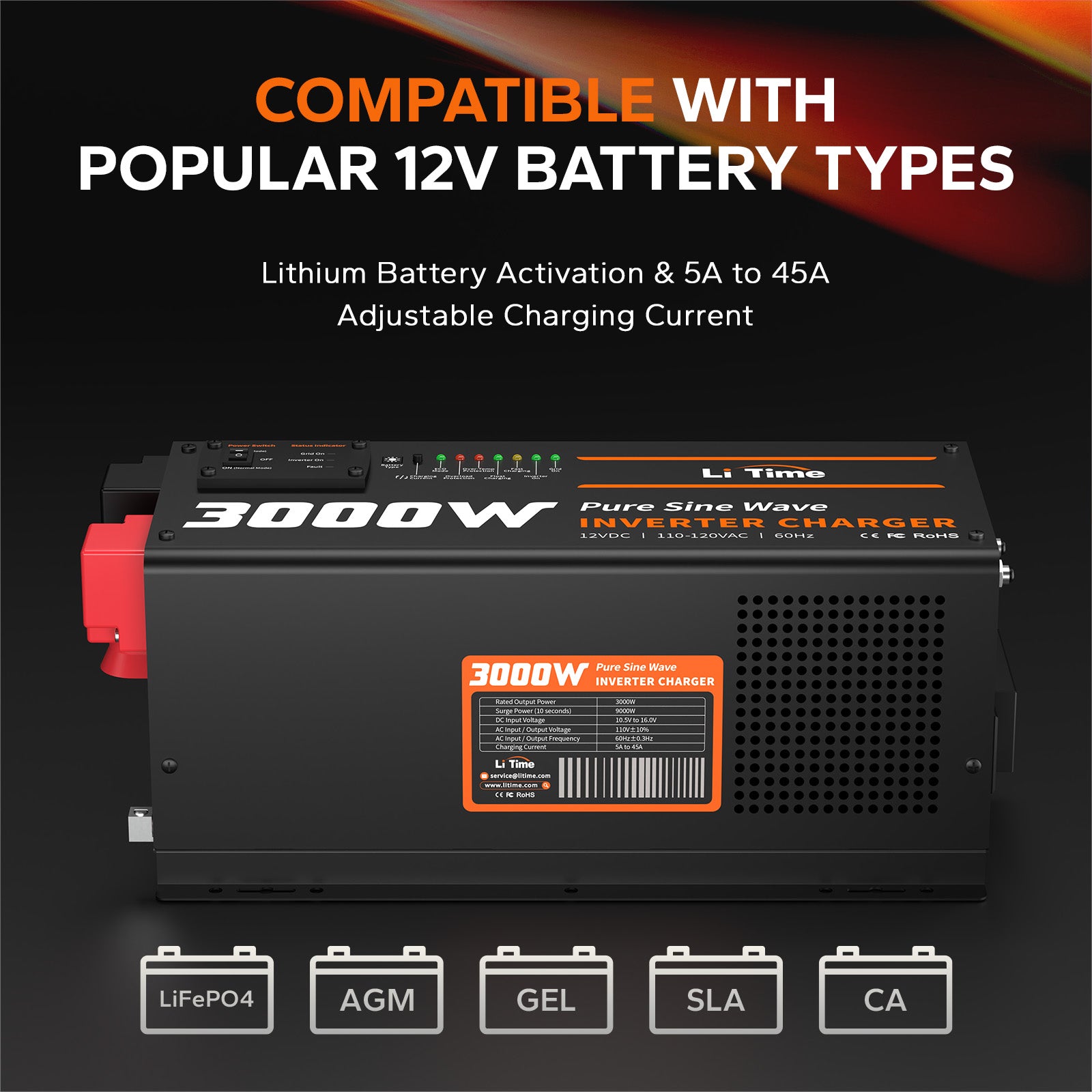 information of campatible battery types of litime 3000w inverter charger