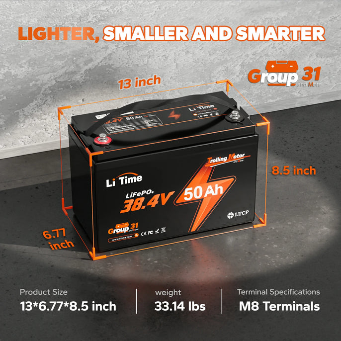 group 31 dimension and weight 33.14lbs information of litime 36v trolling motor battery