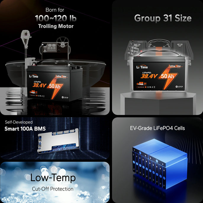 LiTime 36V 50Ah lithium battery: for 100-120 lb trolling motors, features smart BMS, low-temp cut-off, and EV-grade cells