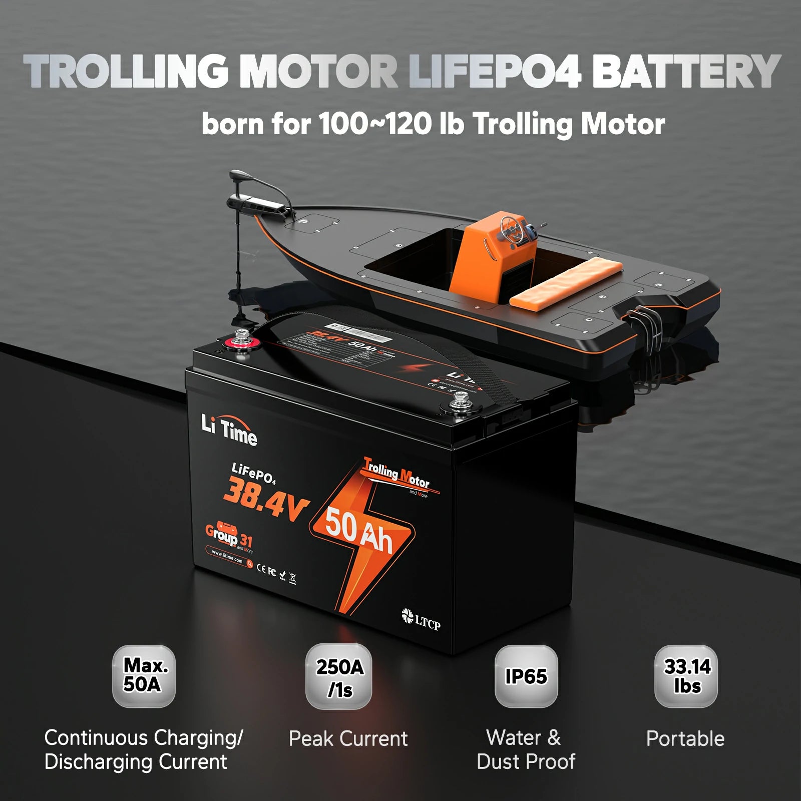 LiTime 36V 50Ah lithium battery: designed for 100-120 lb trolling motors, ip65 waterproof,  portable at 33.14 lbs