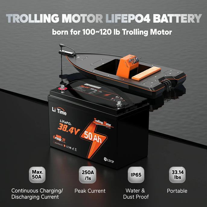 LiTime 36V 50Ah lithium battery: designed for 100-120 lb trolling motors, ip65 waterproof,  portable at 33.14 lbs