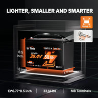 LiTime 36V 50Ah Bluetooth lithium battery: compact design, 13x6.77x8.5 inches, weighs 33.14 lbs