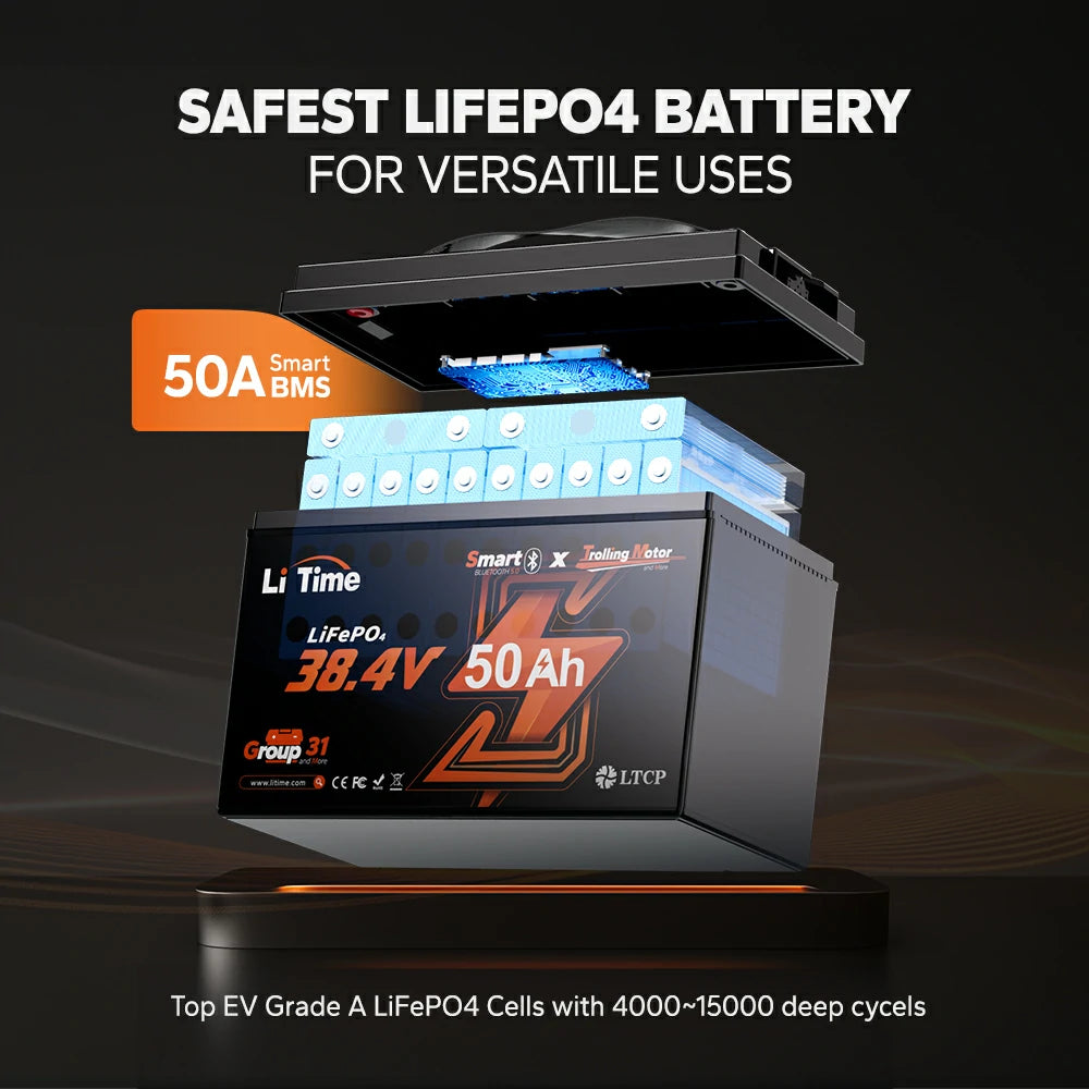 LiTime 36V 50Ah Bluetooth battery: features 50A Smart BMS, EV-grade LiFePO4 cells, and 4k-15k deep cycles for safety