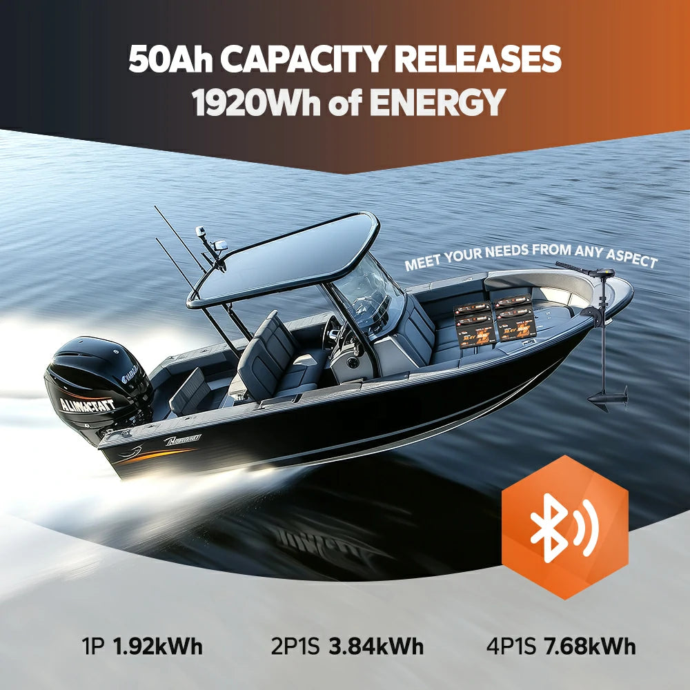 LiTime 36V 50Ah Bluetooth battery: 1920Wh capacity, powering boats with 1P 1.92kWh, 2P 3.84kWh, and 4P 7.68kWh options