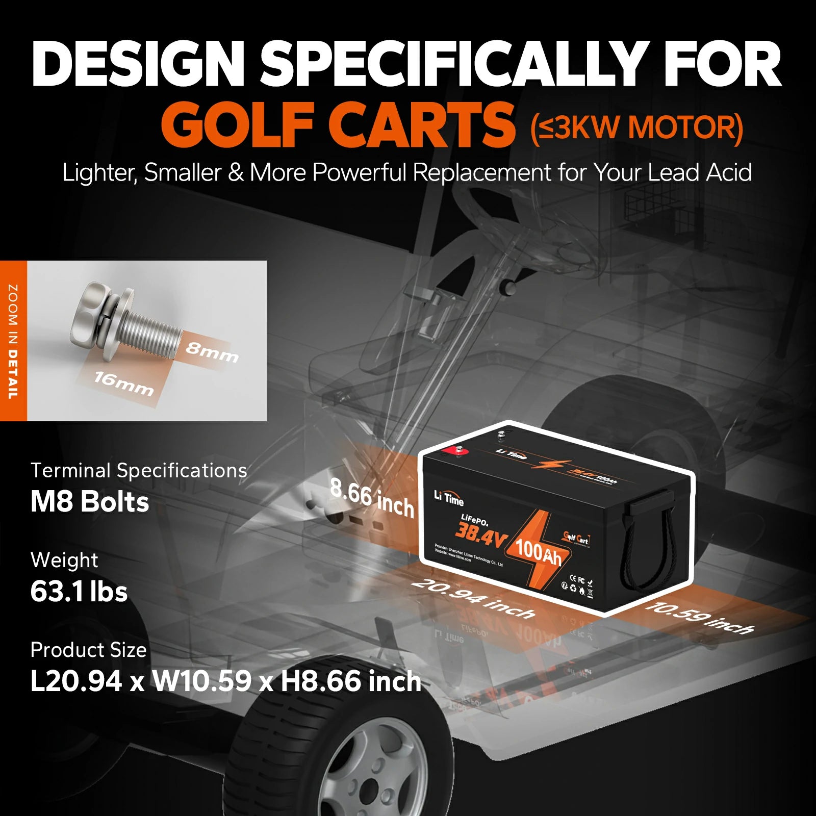 dimensions of 36V 100Ah lithium golf cart battery