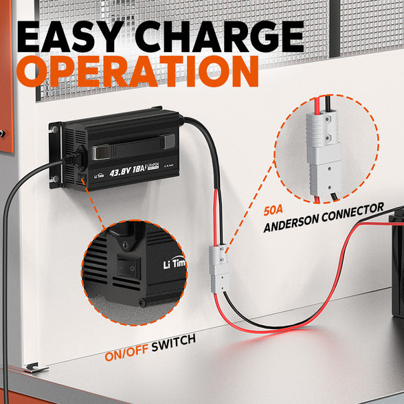 easy charge operation feature with anderson plug and on/off switch of litime 36v lithium battery charger