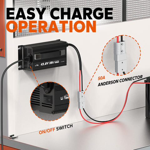 easy charge operation feature with anderson plug and on/off switch of litime 36v lithium battery charger