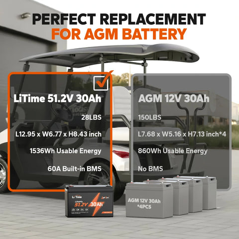 LiTime 51.2V 30Ah Golf Carts LiFePO4 Battery, 60A BMS, 1536Wh Energy