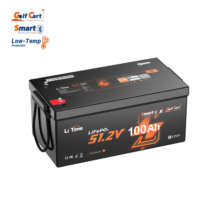 surface and features of LiTime 48V (51.2V) 100Ah Golf Cart Bluetooth Lithium Battery