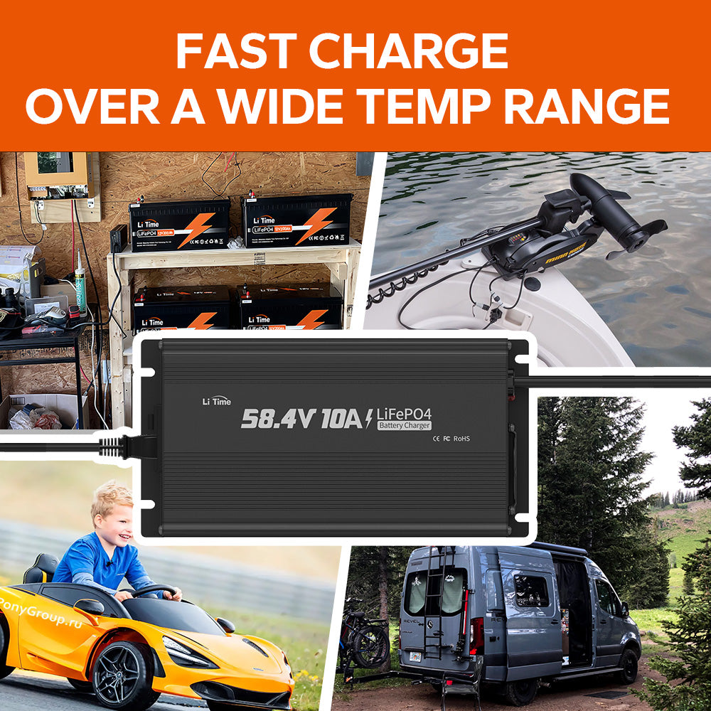 LiTime 58.4V 10A charger, fast charging LiFePO4 batteries across various applications, from boats to vehicles and more