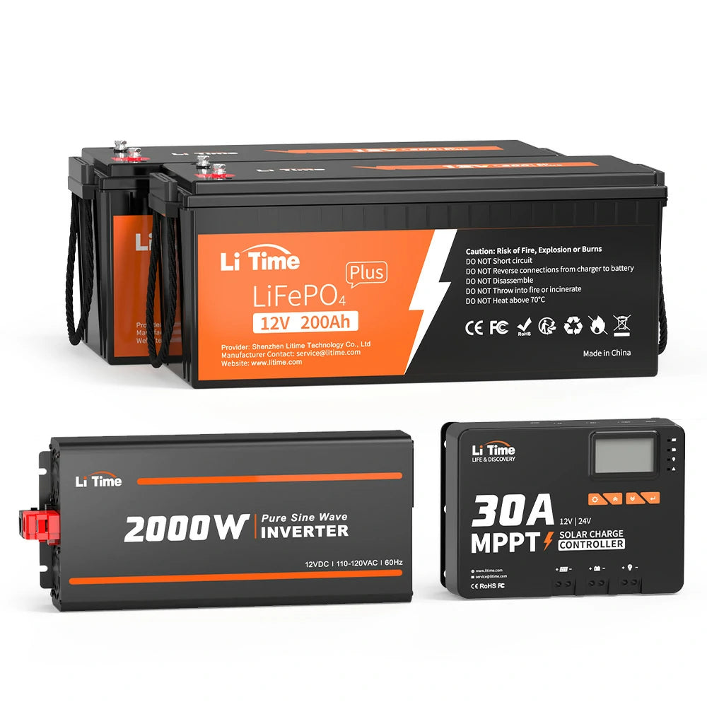 LiTime 5120Wh 12V Off-Grid Solar System Kits, 2PCS 12V 200Ah Plus LiFePO4 Batteries + 12V 30A Solar Charger + 12V 2000W Pure Sine Wave Inverter