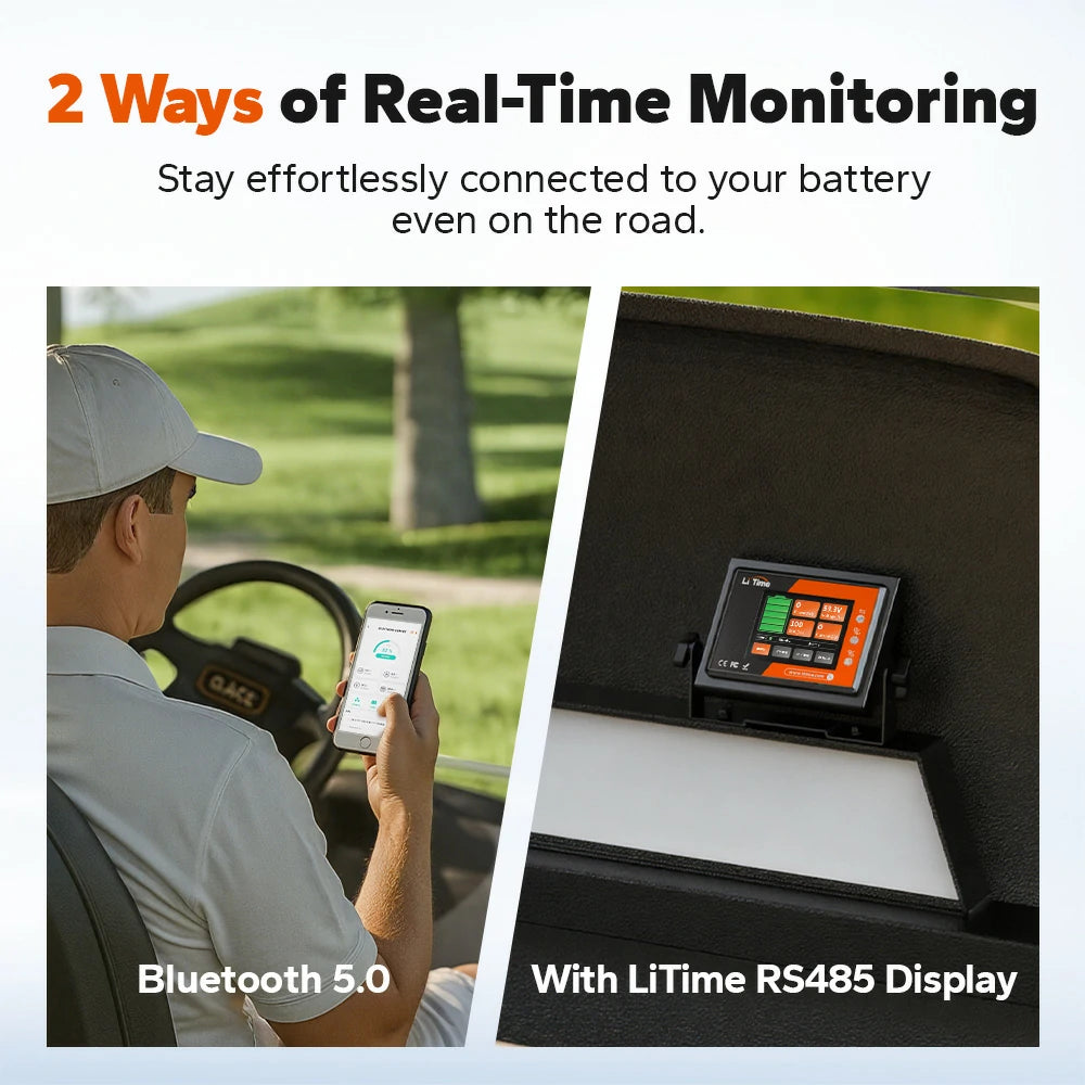 2 monitoring ways of litime 51.2v 100ah golf cart lithium battery: bluetooth and real time display