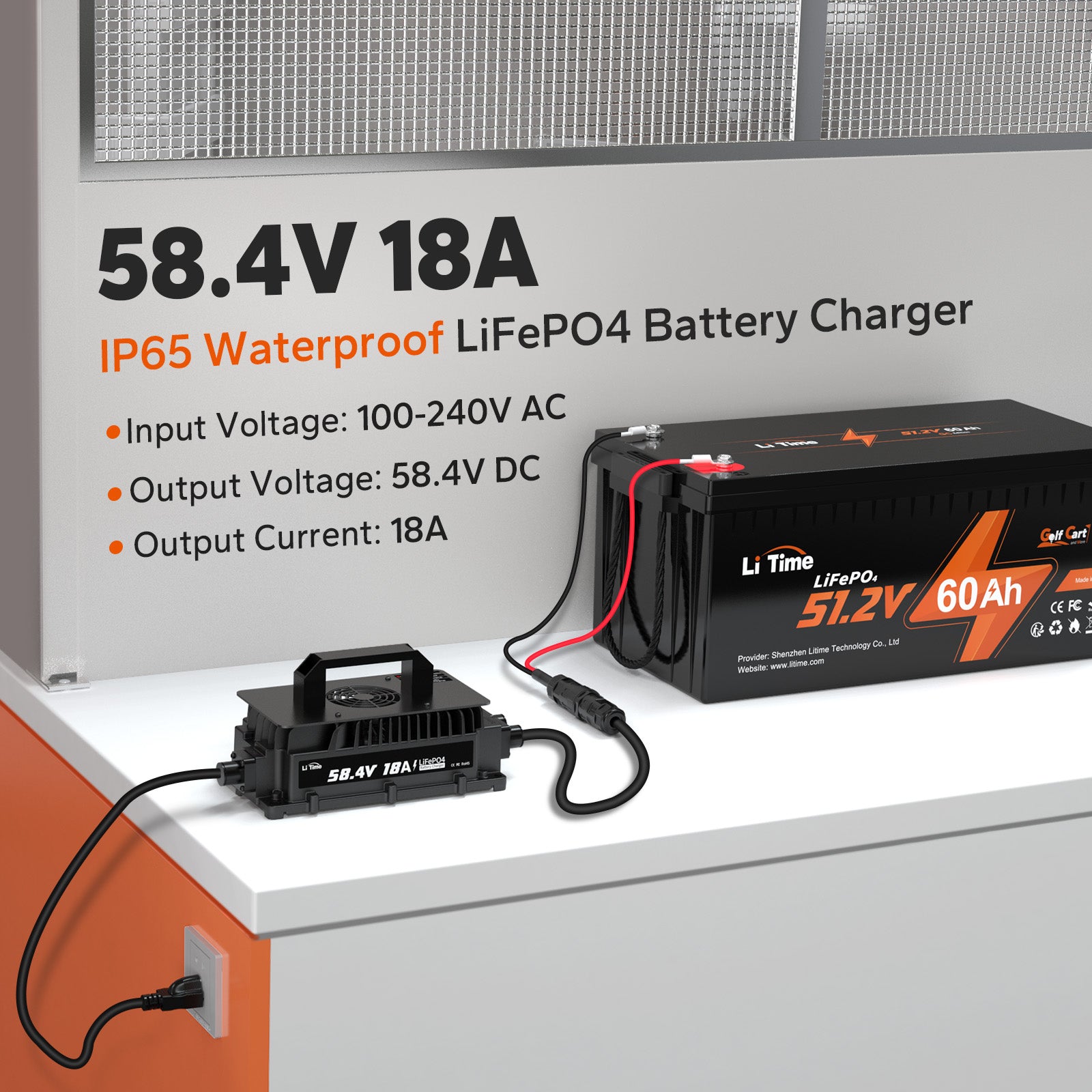 specifications of LiTime 48V 18A IP65 LiFePO4 battery charger - input & output voltage, and output current