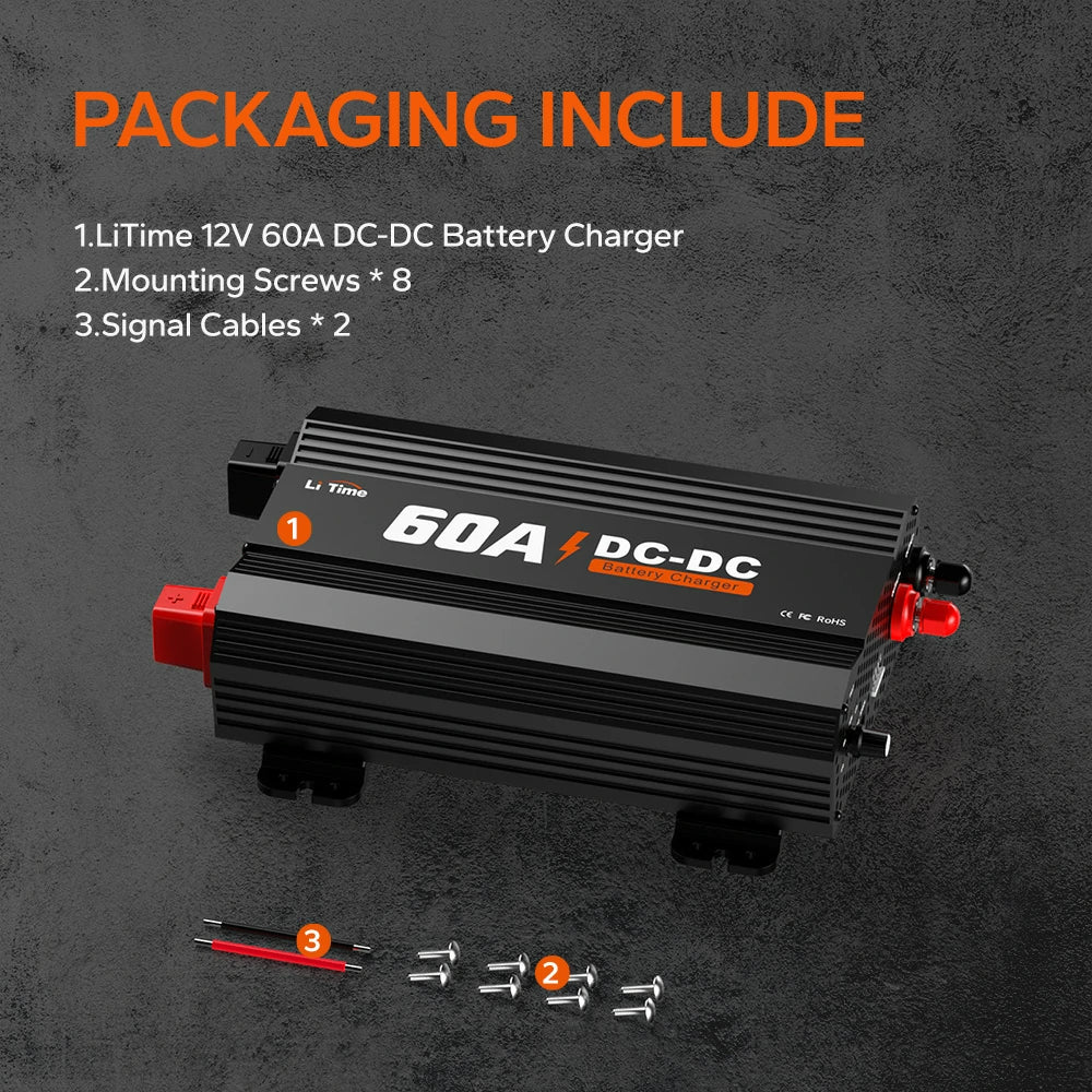 package information of LiTime 60A dc to dc charger - mounting screws, cables